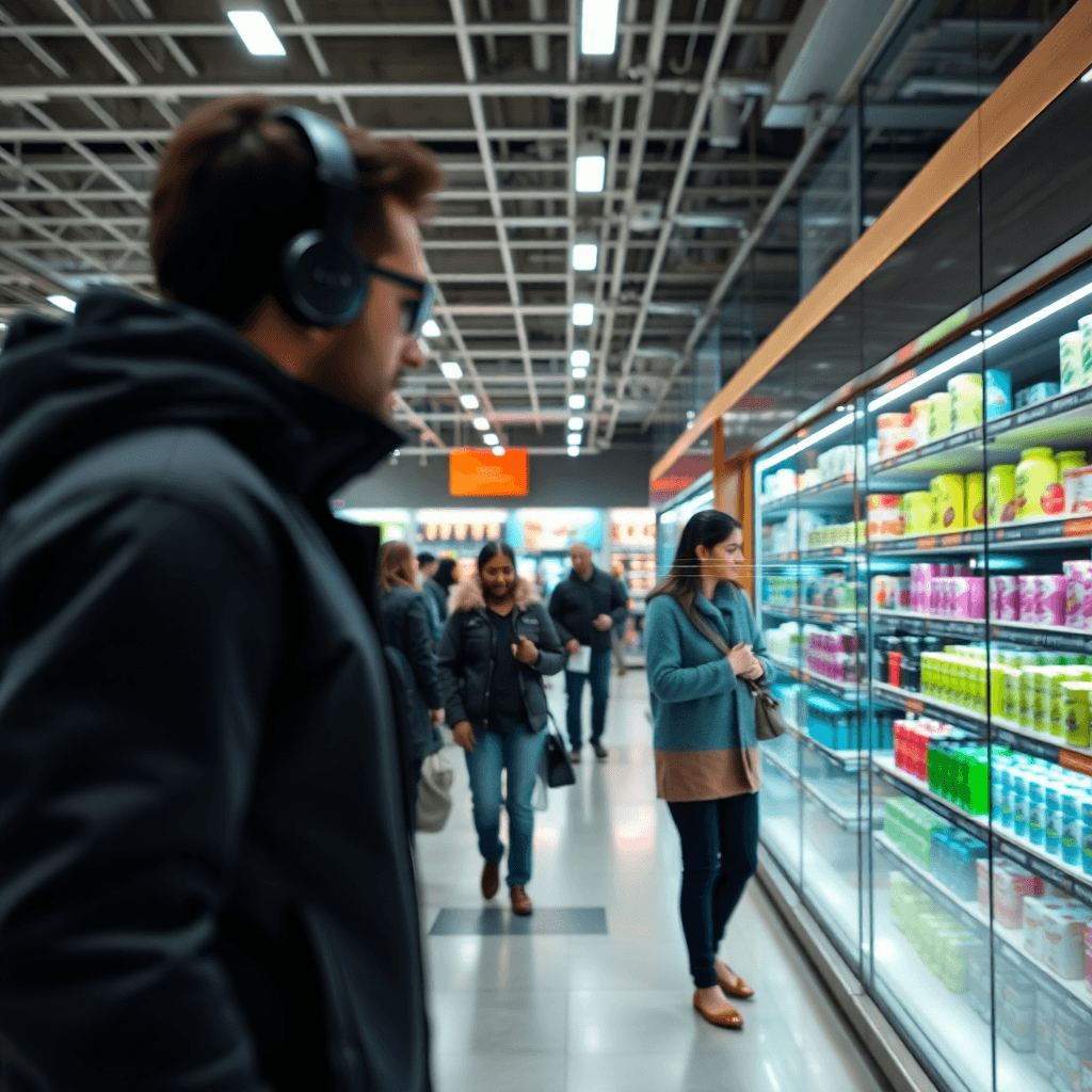 retail store with computer vision analyzing customer movement patterns and product interactions, professional tech visualization