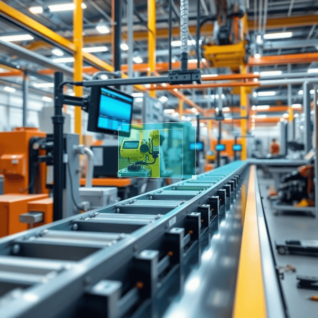 manufacturing production line with computer vision quality control system highlighting defects, professional tech visualization