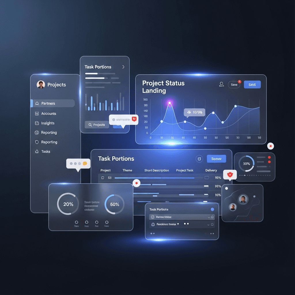 project management dashboard interface with task boards, timelines, and collaboration features, professional tech solution