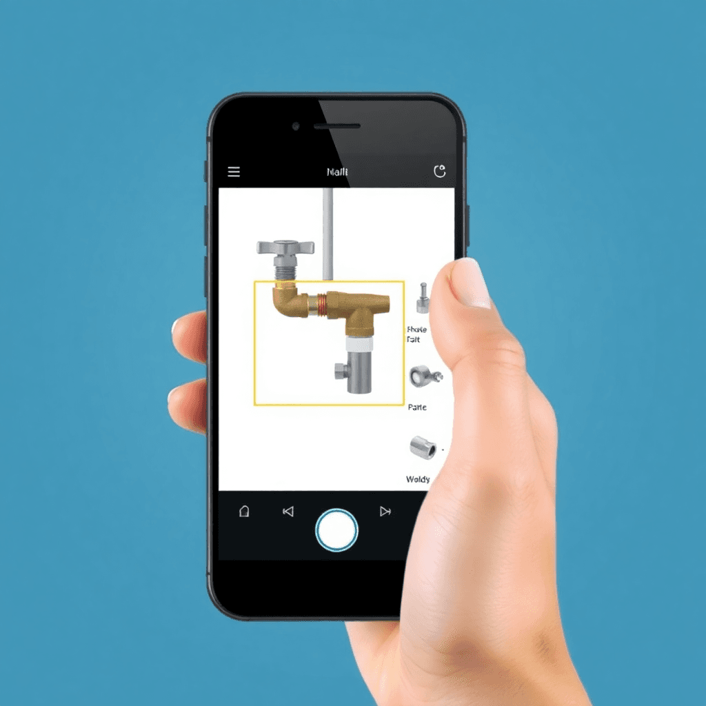 smartphone taking photo of plumbing part with AI visual recognition interface highlighting matching parts, modern UI design