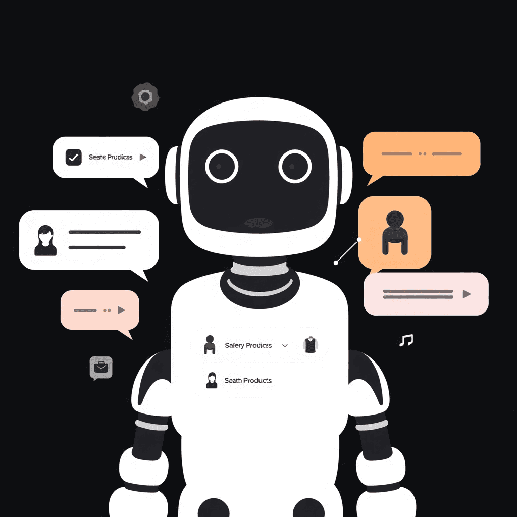 AI chatbot interface with speech bubbles and fashion products search flow