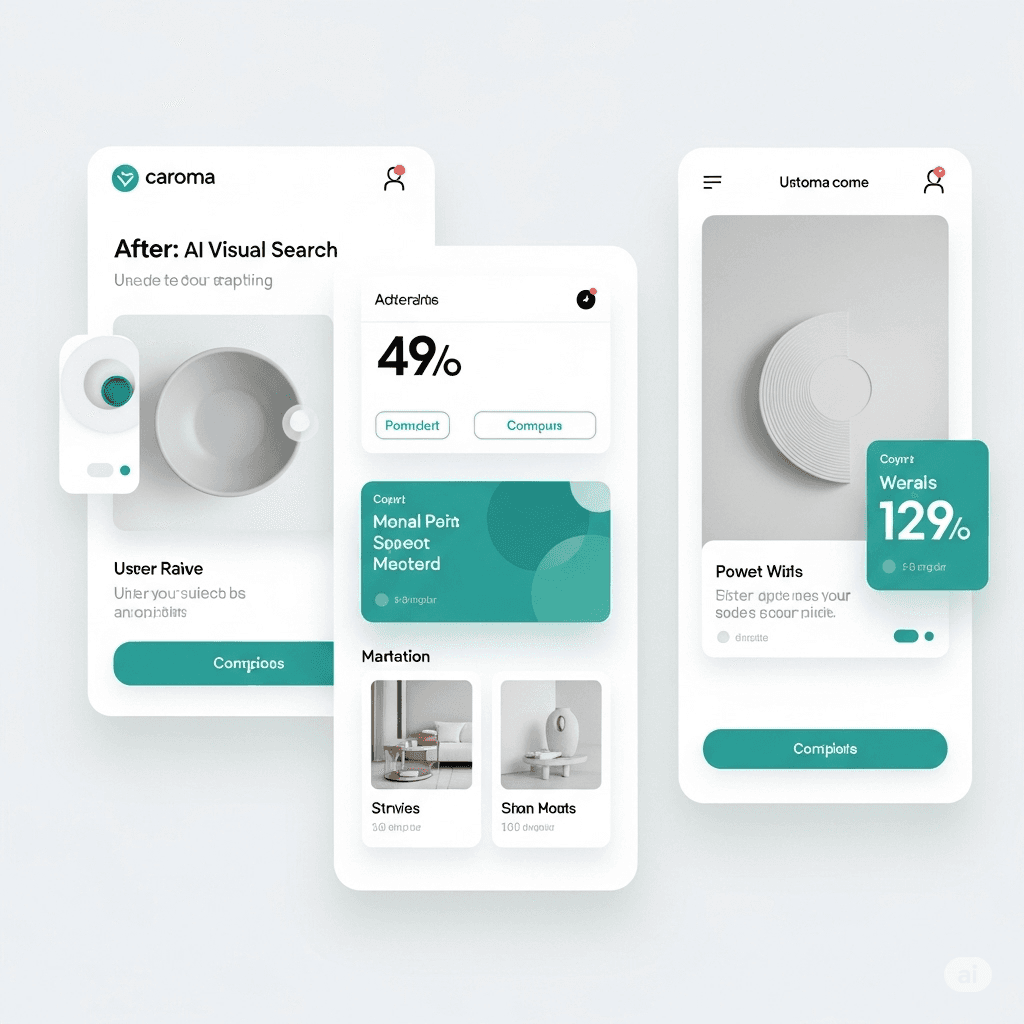 mobile app interface showing plumbing part image recognition with AI matching similar products, with percentage match indicators and clean UI